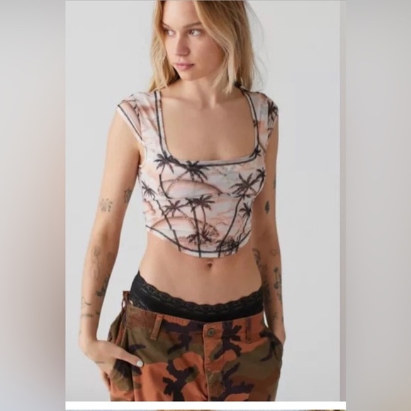 Urban outfitters nyla orange palm print mesh crop corset look top size large new - Picture 1 of 4